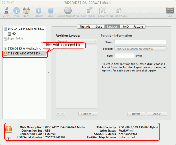 Un disco externo con un sistema de archivos dañado en la Utilidad de Discos de Mac OS X