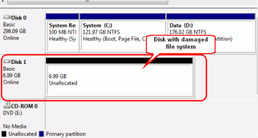 Un disco esterno con un file system danneggiato in Gestione disco di Windows