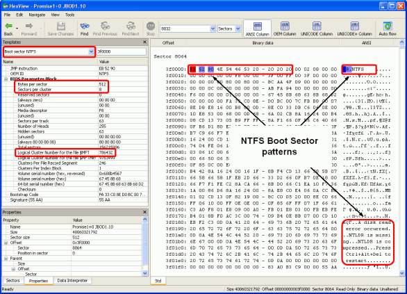 Encontrando parâmetros RAID: setor de inicialização NTFS encontrado.