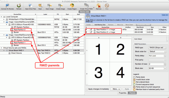 Parámetros RAID y diseño para un set de discos por software predeterminado creado en Mac OS X