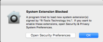 Message d'avertissement System Extension Blocked (Extension système bloquée)